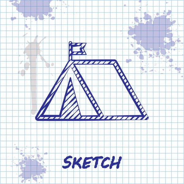 흰색 배경에 플래그 아이콘을 단 관광객 텐트를 스케치하 세요. 캠핑 상징이야. 벡터 일러스트 — 스톡 벡터