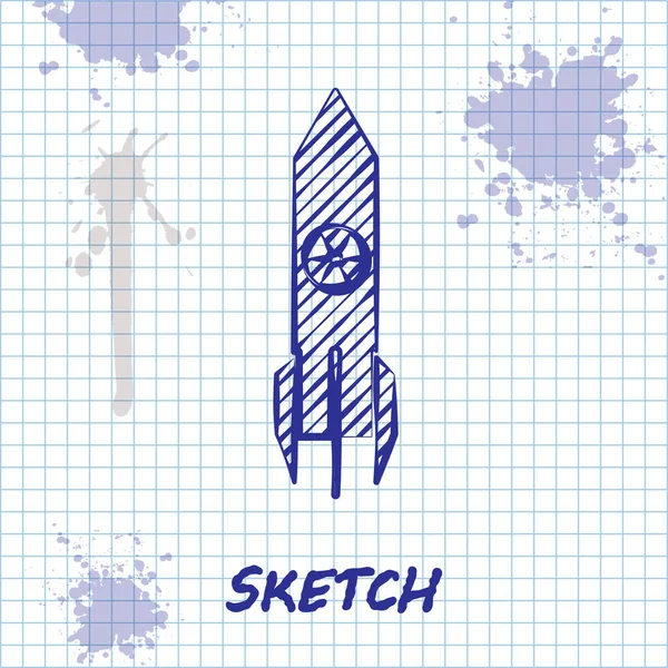 Skizze Linie Atomrakete Symbol isoliert auf weißem Hintergrund. Rakete fliegt herunter. Vektorillustration — Stockvektor