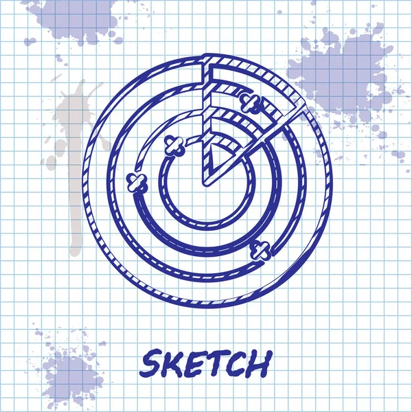 Sketch ligne Radar avec des cibles sur le moniteur dans l'icône de recherche isolé sur fond blanc. Système de recherche militaire. Sonar de la Marine. Illustration vectorielle — Image vectorielle