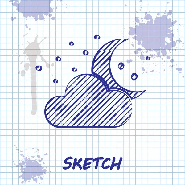 Sketch line Cloud met maan en sterren icoon geïsoleerd op witte achtergrond. Bewolkte nacht teken. Slaap dromen symbool. Nacht of bed tijd teken. Vector illustratie — Stockvector