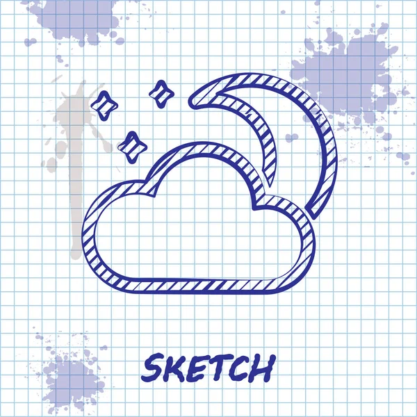 Sketch line Cloud met maan en sterren icoon geïsoleerd op witte achtergrond. Bewolkte nacht teken. Slaap dromen symbool. Nacht of bed tijd teken. Vector illustratie — Stockvector