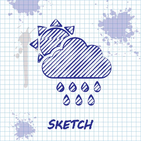 Skica linka Cloud s déšť a slunce ikona izolované na bílém pozadí. Déšť mraky srážek s kapkami deště. Vektorová ilustrace — Stockový vektor