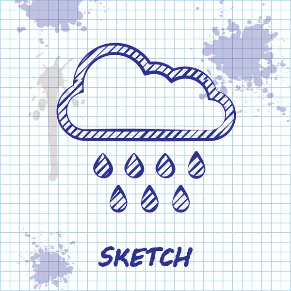 Sketch line Nuage avec icône de pluie isolée sur fond blanc. Précipitation de nuages de pluie avec gouttes de pluie. Illustration vectorielle — Image vectorielle