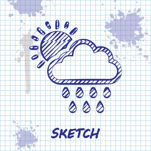 Skiss linje Moln med regn och sol ikon isolerad på vit bakgrund. Regn moln nederbörd med regndroppar. Vektor Illustration — Stock vektor