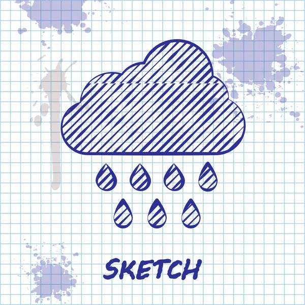 Skiss linje moln med regn ikon isolerad på vit bakgrund. Regn moln nederbörd med regndroppar. Vektor Illustration — Stock vektor
