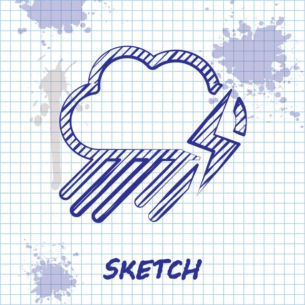 Sketch line Nuage avec icône de pluie et de foudre isolé sur fond blanc. Précipitations de nuages de pluie avec gouttes de pluie.Icône météorologique de la tempête. Illustration vectorielle — Image vectorielle