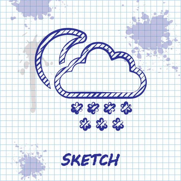 Sketch line Nuvem com ícone de neve e lua isolado no fundo branco. Nuvem com flocos de neve. Ícone meteorológico único. Sinal de nevar. Ilustração vetorial — Vetor de Stock