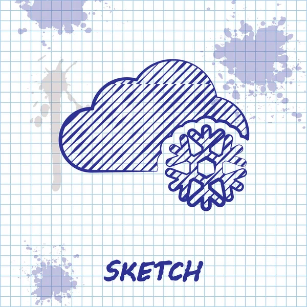 Linea di schizzo Nuvola con icona di neve isolata su sfondo bianco. Nuvola con fiocchi di neve. Icona del tempo singolo. Segno di neve. Illustrazione vettoriale — Vettoriale Stock