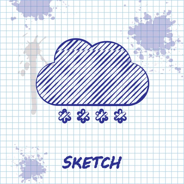 Skizze Linie Wolke mit Schnee-Symbol isoliert auf weißem Hintergrund. Wolke mit Schneeflocken. Ein Wettersymbol. Schneeschild. Vektorillustration — Stockvektor