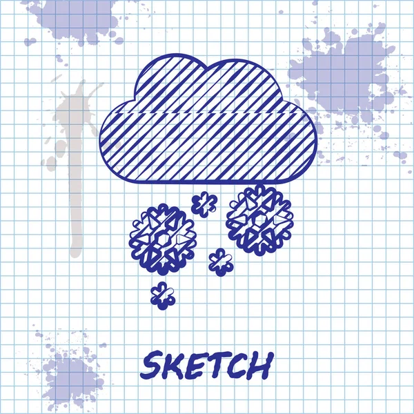 Skizze Linie Wolke mit Schnee-Symbol isoliert auf weißem Hintergrund. Wolke mit Schneeflocken. Ein Wettersymbol. Schneeschild. Vektorillustration — Stockvektor