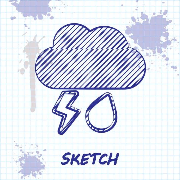 Sketch line Cloud with rain and lightning icon isolated on white background. Rain cloud precipitation with rain drops.Weather icon of storm. Vector Illustration