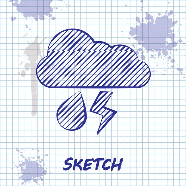 Sketch line Nuage avec icône de pluie et de foudre isolé sur fond blanc. Précipitations de nuages de pluie avec gouttes de pluie.Icône météorologique de la tempête. Illustration vectorielle — Image vectorielle