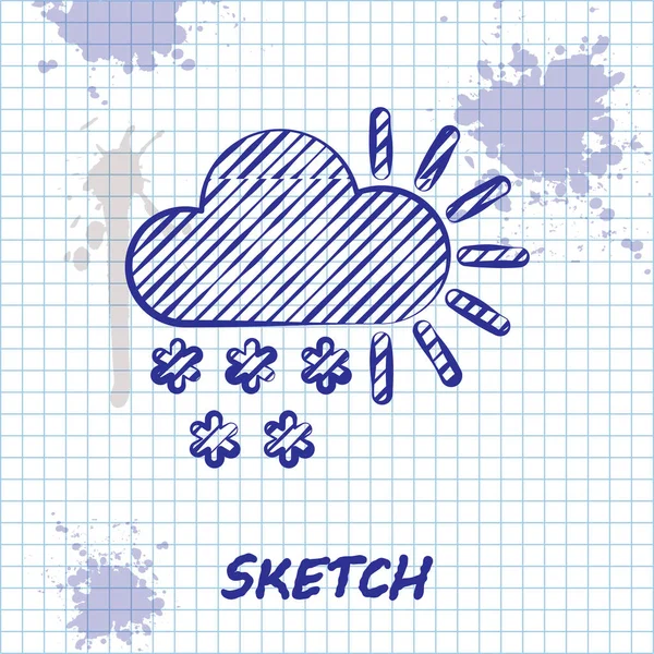 Línea de boceto Nublado con icono de nieve aislado sobre fondo blanco. Nube con copos de nieve. Icono de tiempo único. Signo de niebla. Ilustración vectorial — Vector de stock
