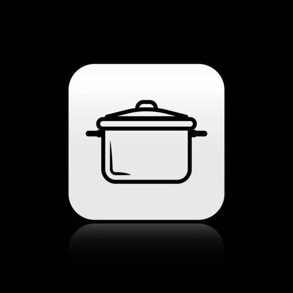 Icono de olla de cocina negra aislado sobre fondo negro. Hervir o guisar el símbolo de la comida. Botón cuadrado plateado. Ilustración vectorial — Vector de stock