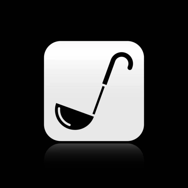 Icono de cuchara de cocina negra aislado sobre fondo negro. Utensil de cocina. Signo de cuchara de cubiertos. Botón cuadrado plateado. Ilustración vectorial — Archivo Imágenes Vectoriales