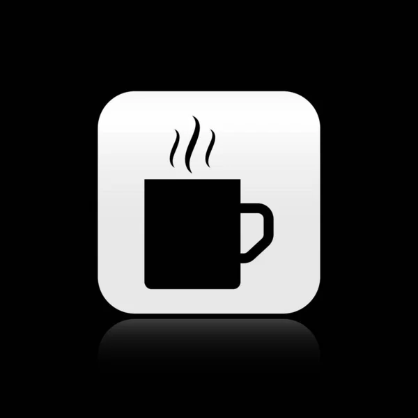 Taza de café negro icono plano aislado sobre fondo negro. Taza de té. Café caliente. Botón cuadrado plateado. Ilustración vectorial — Archivo Imágenes Vectoriales