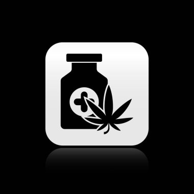 Siyah arka planda marihuana ya da kenevir yaprağı ikonu bulunan siyah tıbbi şişe. Kavanozlardaki kenevir yağı özlerini taklit et. Gümüş kare düğme. Vektör İllüstrasyonu