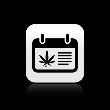 Kara takvim ve marihuana ya da kenevir yaprağı ikonu siyah arka planda izole edilmiş. Ulusal esrar günü. Kenevir sembolü. Gümüş kare düğme. Vektör İllüstrasyonu