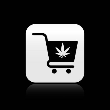 Siyah arka planda marihuana ya da kenevir yaprağı ikonu olan siyah alışveriş arabası. İnternetten satın alma. Teslimat servisi. Süpermarket sepeti. Gümüş kare düğme. Vektör İllüstrasyonu