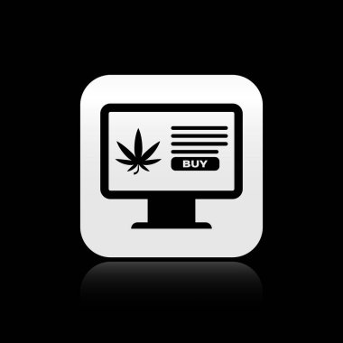 Siyah Bilgisayar monitörü ve tıbbi marihuana veya kenevir yaprağı ikonu siyah arka planda izole edilmiş. İnternetten satın alma sembolü. Süpermarket sepeti. Gümüş kare düğme. Vektör İllüstrasyonu