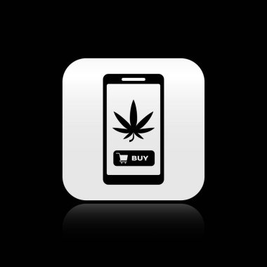 Siyah cep telefonu ve tıbbi marihuana veya siyah arka planda izole edilmiş kenevir yaprağı ikonu. İnternetten satın alma sembolü. Süpermarket sepeti. Gümüş kare düğme. Vektör İllüstrasyonu
