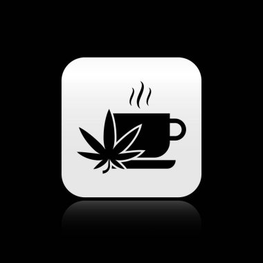 Esrarlı siyah çay ya da siyah arka planda izole edilmiş kenevir yaprağı ikonu. Marihuanayı yasallaştırma. Kenevir sembolü. Gümüş kare düğme. Vektör İllüstrasyonu
