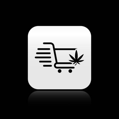 Siyah arka planda marihuana ya da kenevir yaprağı ikonu olan siyah alışveriş arabası. İnternetten satın alma. Teslimat servisi. Süpermarket sepeti. Gümüş kare düğme. Vektör İllüstrasyonu