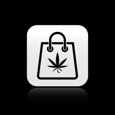 Siyah arka planda izole edilmiş tıbbi marihuana veya kenevir yaprağı ikonu. Kenevir almak. Kenevir sembolü. Gümüş kare düğme. Vektör İllüstrasyonu