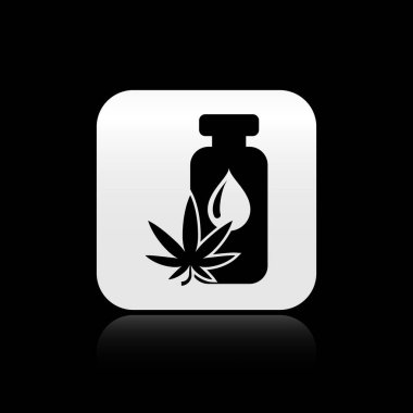 Siyah arkaplanda siyah tıbbi marihuana ya da kenevir yaprağı zeytinyağı damlası ikonu var. Esrar özütü. Kenevir sembolü. Gümüş kare düğme. Vektör İllüstrasyonu