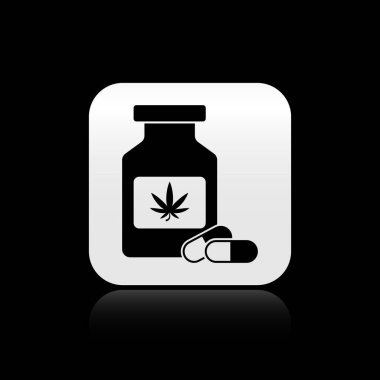 Siyah arka planda marihuana ya da kenevir yaprağı ikonu bulunan siyah tıbbi şişe. Kavanozlardaki kenevir yağı özlerini taklit et. Gümüş kare düğme. Vektör İllüstrasyonu