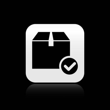 Siyah arkaplanda işaret simgesi olan siyah paket kutusu. İşaretli paket kutusu. Onaylanmış teslimat veya başarılı paket makbuzu. Gümüş kare düğme. Vektör İllüstrasyonu