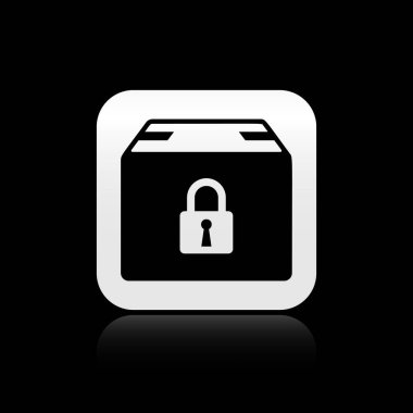 Siyah kutulu paket simgesi siyah arkaplanda izole edildi. Kilit ve karton kutu. Gümüş kare düğme. Vektör İllüstrasyonu