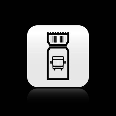 Kara Otobüs bileti simgesi siyah arka planda izole edildi. Toplu taşıma bileti. Gümüş kare düğme. Vektör İllüstrasyonu