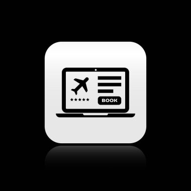 Siyah arka planda elektronik geçiş kartı olan siyah dizüstü bilgisayar. Web ve uygulama için yolcu uçağı bileti. Gümüş kare düğme. Vektör İllüstrasyonu