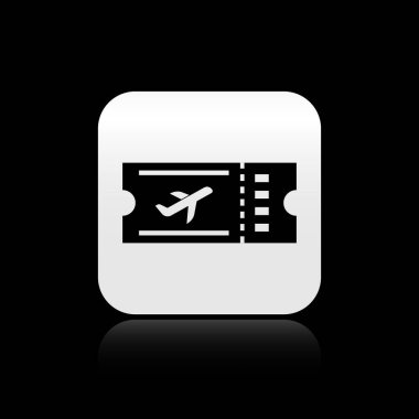 Siyah arka planda Black Airlines bileti ikonu izole edildi. Uçak bileti. Gümüş kare düğme. Vektör İllüstrasyonu