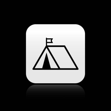 Siyah arka planda bayrak simgesi olan siyah turist çadırı. Kamp sembolü. Gümüş kare düğme. Vektör İllüstrasyonu