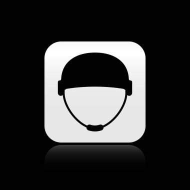 Siyah Askeri miğfer simgesi siyah arka planda izole edildi. Ordu şapkasının savunma ve koruma sembolü. Koruyucu şapka. Gümüş kare düğme. Vektör İllüstrasyonu