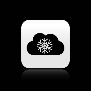 Siyah arkaplanda kar ikonu olan kara bulut. Kar taneli bulut. Tek hava ikonu. Kar tabelası. Gümüş kare düğme. Vektör İllüstrasyonu