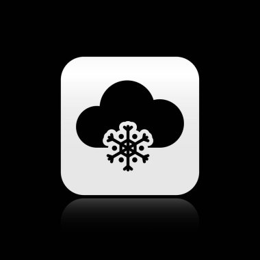 Siyah arkaplanda kar ikonu olan kara bulut. Kar taneli bulut. Tek hava ikonu. Kar tabelası. Gümüş kare düğme. Vektör İllüstrasyonu