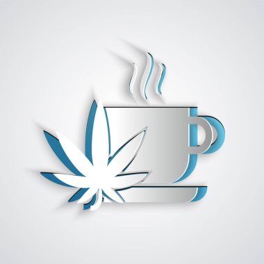 Gri zemin üzerinde marihuana veya kenevir yaprağı ikonu bulunan kağıt kesimi fincan çayı. Marihuanayı yasallaştırma. Kenevir sembolü. Kağıt sanatı tarzı. Vektör İllüstrasyonu