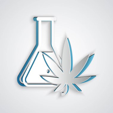 Kağıt, gri arka planda marihuana ya da kenevir yaprağı ikonu ile kimyasal test tüpünü kesti. Araştırma konsepti. Laboratuvar Cbd yağı konsepti. Kağıt sanatı tarzı. Vektör İllüstrasyonu