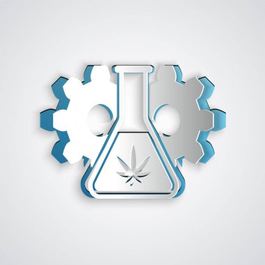 Kağıt, gri arka planda marihuana ya da kenevir yaprağı ikonu ile kimyasal test tüpünü kesti. Araştırma konsepti. Laboratuvar Cbd yağı konsepti. Kağıt sanatı tarzı. Vektör İllüstrasyonu