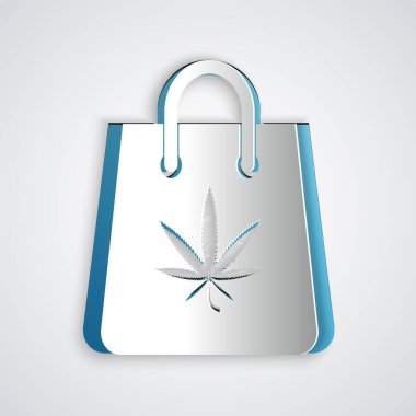 Kağıt kesiği, gri arka planda izole edilmiş tıbbi marihuana veya kenevir yaprağı ikonu torbası. Kenevir almak. Kenevir sembolü. Kağıt sanatı tarzı. Vektör İllüstrasyonu