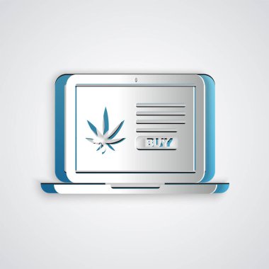 Kağıt kesiği Laptop ve tıbbi marihuana veya gri arka planda izole edilmiş kenevir yaprağı ikonu. İnternetten satın alma sembolü. Süpermarket sepeti. Kağıt sanatı tarzı. Vektör İllüstrasyonu