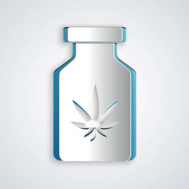 Kağıt kesiği Tıbbi şişe marihuana veya kenevir yaprağı ikonu gri arka planda izole. Kavanozlardaki kenevir yağı özlerini taklit et. Kağıt sanatı tarzı. Vektör İllüstrasyonu