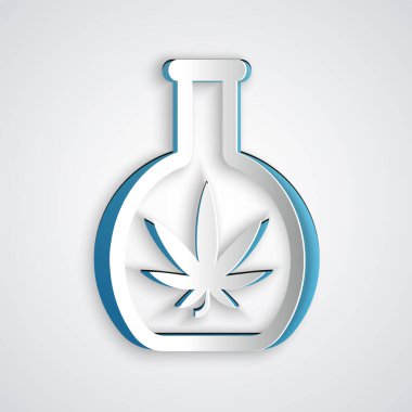 Kağıt, gri arka planda marihuana ya da kenevir yaprağı ikonu ile kimyasal test tüpünü kesti. Araştırma konsepti. Laboratuvar Cbd yağı konsepti. Kağıt sanatı tarzı. Vektör İllüstrasyonu