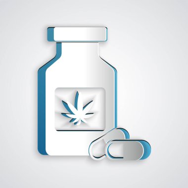 Kağıt kesiği Tıbbi şişe marihuana veya kenevir yaprağı ikonu gri arka planda izole. Kavanozlardaki kenevir yağı özlerini taklit et. Kağıt sanatı tarzı. Vektör İllüstrasyonu