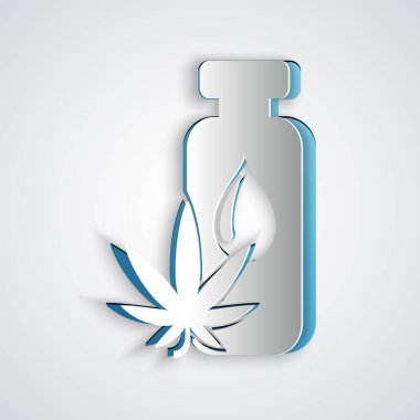 Kağıt kesiği Tıbbi marihuana veya kenevir yaprağı zeytinyağı damlası ikonu gri arka planda izole edilmiş. Esrar özütü. Kenevir sembolü. Kağıt sanatı tarzı. Vektör İllüstrasyonu