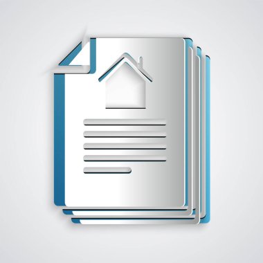 Kağıt kesiği ev sözleşmesi simgesi gri arka planda izole edilmiş. Sözleşme oluşturma hizmeti, belge oluşumu, başvuru formu bileşimi. Kağıt sanatı tarzı. Vektör İllüstrasyonu