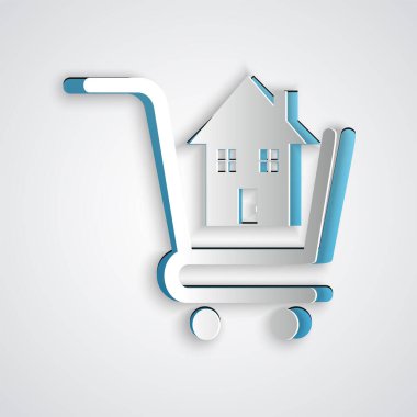 Gri arka planda ev ikonu olan kağıt kesiği alışveriş arabası. Ev konsepti al. Ev kredisi konsepti, kira, mülk satın alma. Kağıt sanatı tarzı. Vektör İllüstrasyonu